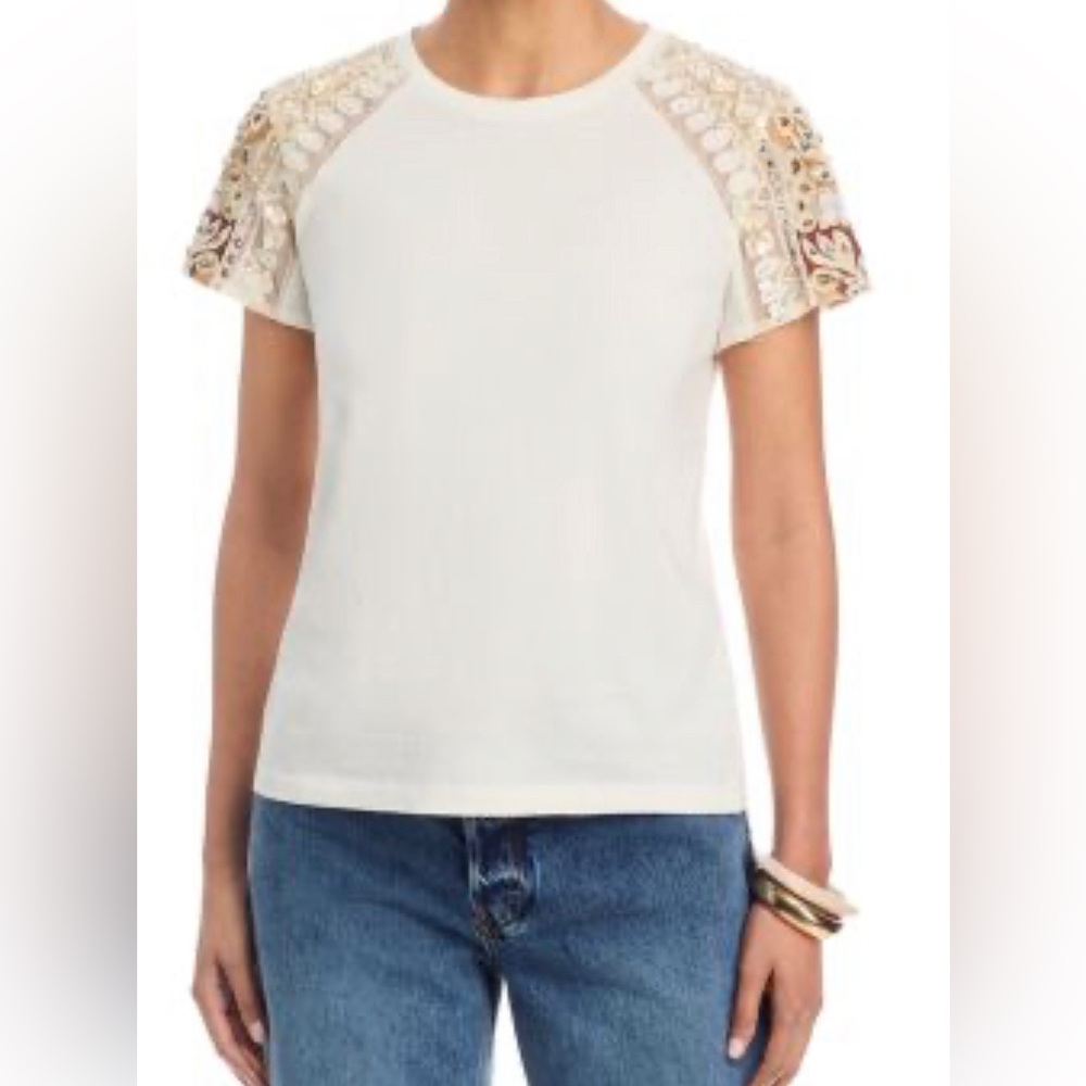 Ramy Brook Women's Cream Short Sleeve Top with Beads Embroidered Mesh, S. NWT.